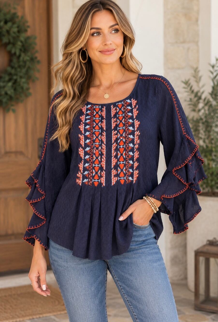 Sundance Annalisa Embroidered Blouse Navy Blue Orange Boho Peasant Top Medium